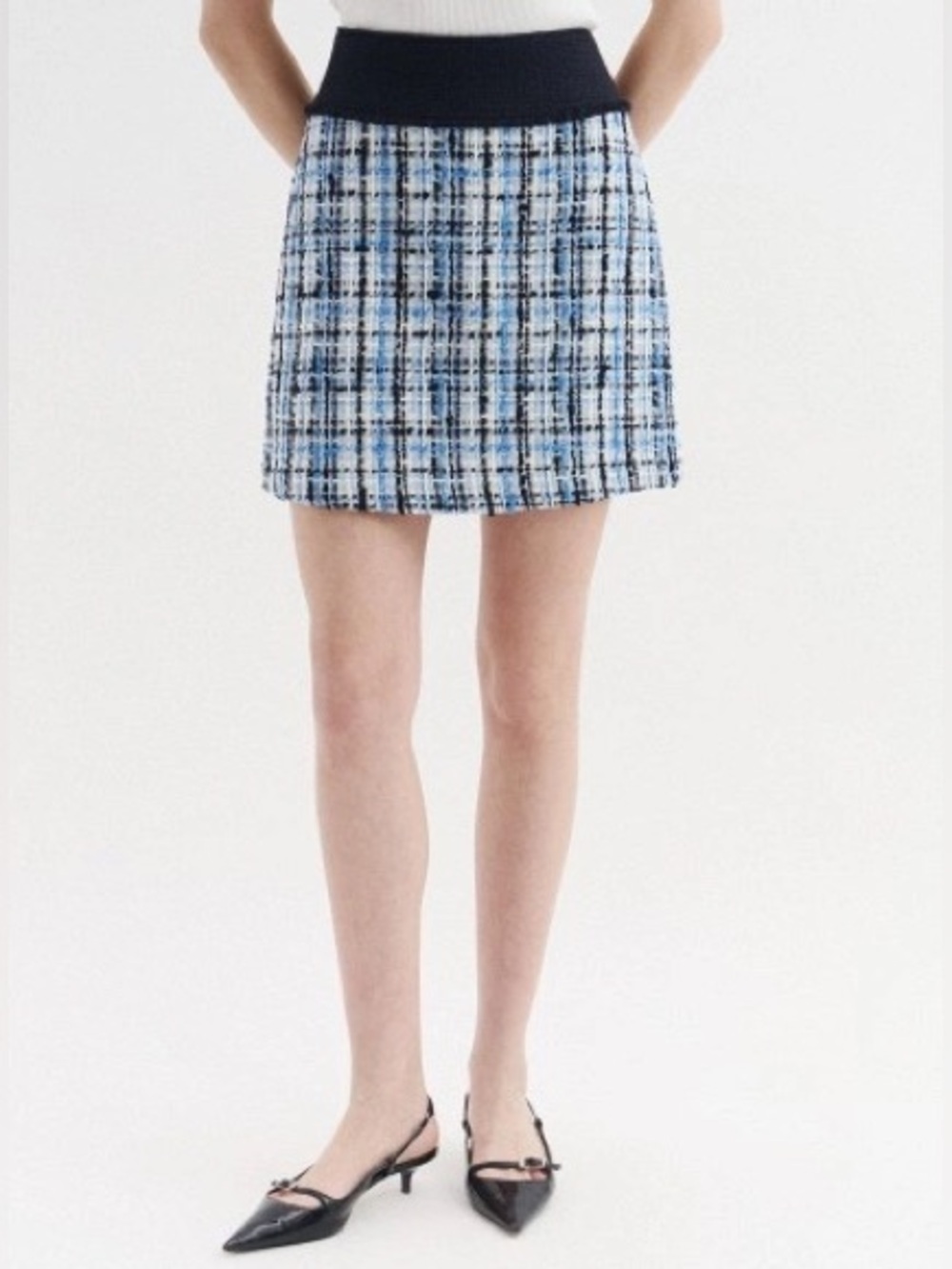 NWT BOSS Vosola Blue Black Tweed Mini Skirt US 8